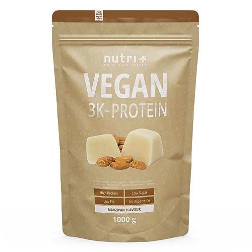 Nutri + Veganes Protein Marzipan 1 kg - 83% Eiweiß - Proteinpulver Winter - laktosefreies Eiweißpulver Low Sugar + glutenfrei - 1000 g Pulver