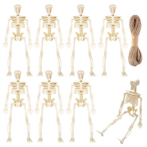Esqueleto de Halloween pequeno, decoração de Halloween esqueleto, mini esqueletos Halloweens, decoração com 5 m corda de cânhamo, adequado para Halloweens, festas de terror e casas encantadas, 8