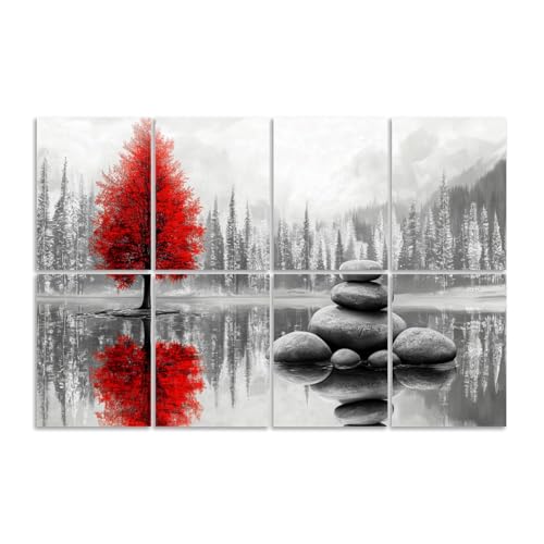 8 Pack Art Acoustic Panels Sound Absorbing Black Red Tree Zen Landscape Calm Lake Stacked Rocks Reflective Decorative Soundproof Wall Panels Self Adhesive for Recording Studios Office 48"x32"
