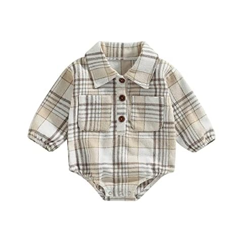 Baby Boys Plaid Flannel Romper Toddler Long Sleeve Buffalo Plaid Bodysuit Shirt Baby Christmas Outfits (A Apricot, 0-6 Months) Cover