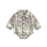 Baby Boy Plaid Shirt Romper Flannel Long Sleeve Oversized Tops Infant Button Down Fall Clothes (Beige,0-6 Months)