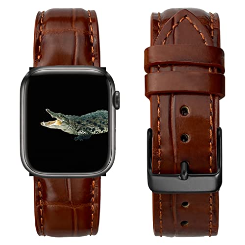 Light Brown Crocodile Leather Band Compatible for Apple Watch Iwatch Ultra 49mm 45mm 44mm 42mm Men Vintage Alligator Replacement Strap Smartwatch Series 8 7 6 5 4 3 2 1 SE Handmade AW-06-LL
