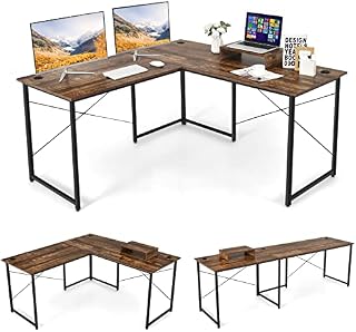 COSTWAY Biurko w kształcie litery L, dwustronne biurko narożne ze stojakiem na monitor, stół narożny z 3 otworami na kabel, stolik pod komputer, do biura domowego, 150 x 150 x 74 cm (rustykalny brąz)