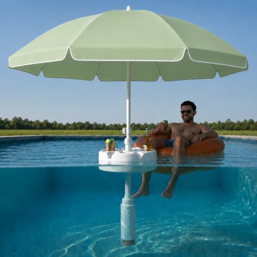 Image of Floating Pool Umbrella provides the perfect shade canopy for the lake, river, beach or the pool! 6 cup holders for your drinks and snacks! Create your own shade oasis with the 7ft diameter sun shade. (SALTED LIME)