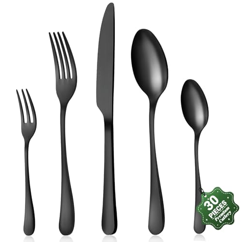 BEWOS Juego de cubiertos para 6 personas, juego de cubiertos negro mate de 30 piezas que incluye cuchillo, tenedor, cuchara, cubiertos de acero inoxidable, apto para lavavajillas