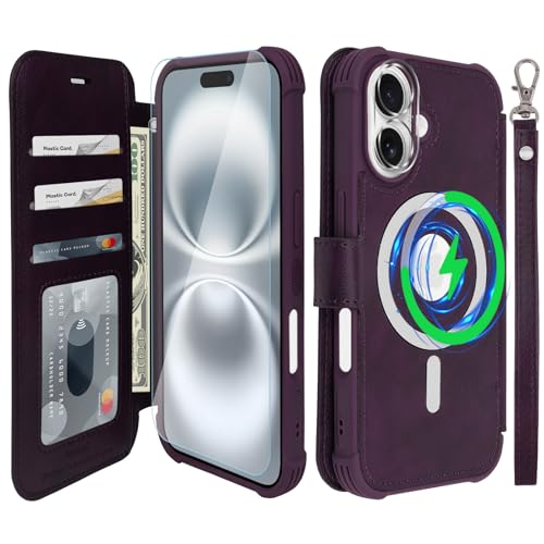 VANAVAGY Compatible for iPhone 16 Wallet Case for Magsafe Wireless Charging, PU Leather Flip Folio Wrist Strap [Screen Protector & Camera Lens Protector] with RFID Block Card Holder,Purple