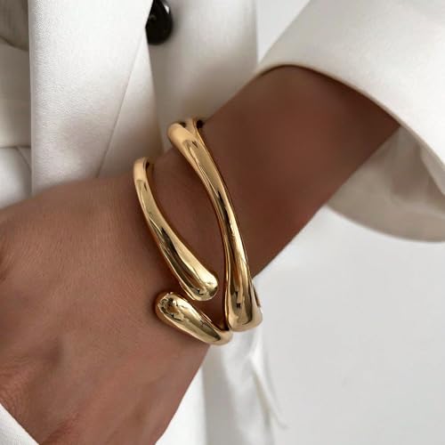 2Pcs Gold Chunky Bangles Bracelets for Women 14K Gold Plated Chunky Bracelet Set Stack Gold Bangle Bracelet Statement Wrist Jewelry Gold Cuff Accessories Girls Trendy Bracelets2
