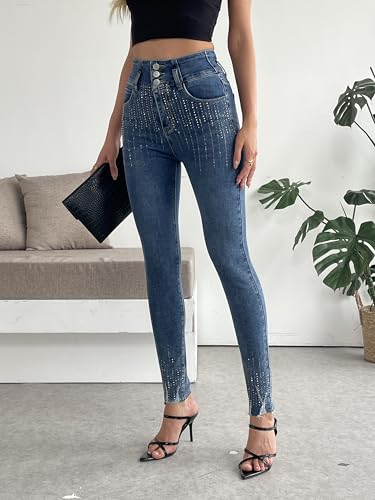heipeiwa Women's Rhinestone Jeans Skinny Denim Pants High Waist Sparkle Shiny Sequin Raw Hem Distressed Jean3