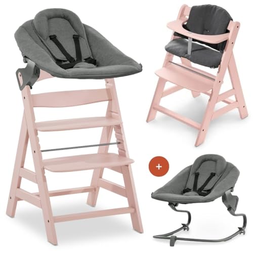 hauck Alpha Plus Newborn Set mit Premium Bouncer Dark Grey - Baby Holz Hochstuhl ab Geburt mit Liegefunktion - extra flacher Aufsatz für Neugeborene & Baumwoll Sitzpolster - Rose