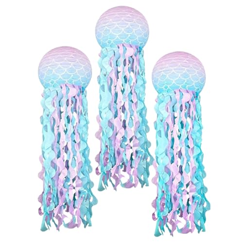 Image of Wanna Party Set of 3 Blue Pink Hanging Jellyfish Paper Lanterns - Under The Sea Party & Mermaid Birthday Decorations, Baby Shower, Nautical Events, Ocean Theme Classroom & Beach Room Decor