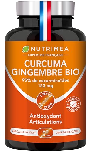 CURCUMA - Extrait de Curcuma BIO Titré à 95% en Curcuminoïdes - Avec Gingembre BIO - Anti Inflammatoire & Antioxydant - Douleurs Articulaires - Nutrimea - 60 Gélules...