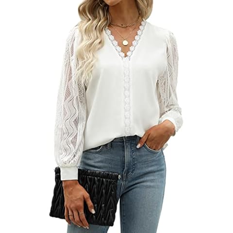 GOORY Womens Long Sleeve Tops Dressy Casual Business Plus Size Lace Tops Chiffon Blouses for Women Fashion 2023 Work Fall Winter White Tops, White S Cover