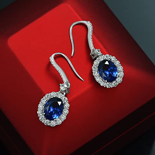 Sterling Silver Created Sapphire Earrings, Lab Simulated Blue Sapphire Earrings Oval Cut 4Ct/Pair (7X9Mm) Halo Synthetic Diamond Drop Dangle Earrings White Gold Plated Jewelry Gifts For Her Birthday Christmas Gift #TOP1