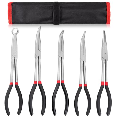 5Pcs Bent Nose Pliers 11 Inch Extra Long Needle Nose Pliers Set, Straight, 25°/45°/90° Bent, Circle Nose for Narrow Spaces, Hard to Reach Areas & Precision Work