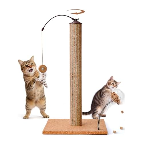 Kitten Claw Friendly Scratching Post Cork & Cardboard Mix Indoor 26" Premium Durable Nature Kittens Scratch Post Tree with Snack Ball & Feather Intera