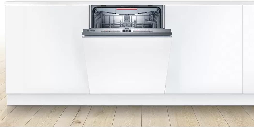 Bosch dishwasher integrated into a white kitchen cabinet