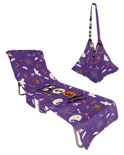 Halloween Beach Lounge Chair Towel Cover, Soft Chaise Lounge Towel with Side Pockets Patio Pool Chairs Cover for Beach/Pool Sunbathing 29x85 Purple Boo Cute Skull Pumpkin Ghost