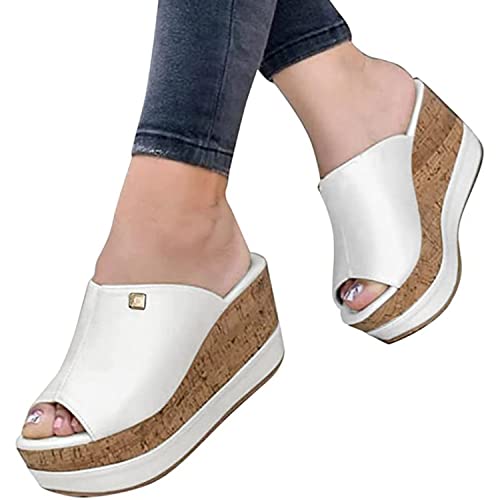 Sandalias De Plataforma Para Mujer, Zapatillas De Plataforma Con Punta Abierta De Verano, Zapatillas De Tacón De Cuña De Cuero Pu Cerrado, Sandalias Romanas Elegantes Zapatill(Size:38 EU,Color:blanco) Cover