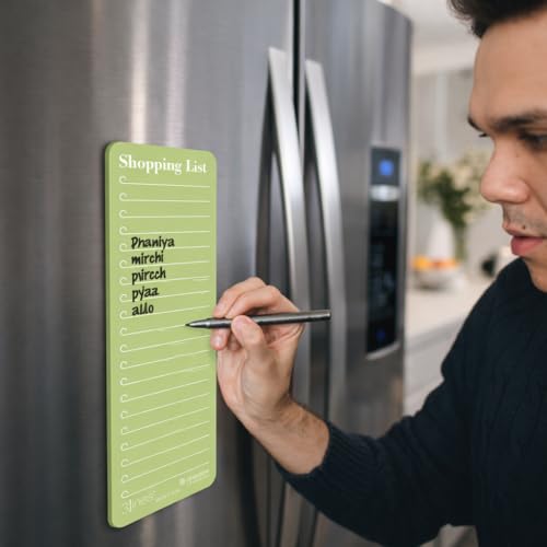 Image of 3 Lines Shopping List Fridge Magnet with Marker|Smart Planning & Shopping for Family, Working Professionals|to Do List| Acrylic Magnetic Notepad for Kitchen Organisation|9x24 cms|Kiwi Color|Regular