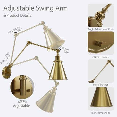 Image of Plug in Wall Sconces Set of Two, Gold Swing Arm Wall Lamp with 6.6FT Plug-in Cord and Knob Switch, Metal Hardwired Wall Lights for Bedroom, Reading, Study Room, Office, Living Room (2 Pack)