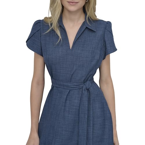 Image of DKNY Women's Short Sleeve Collared V-Neck Tie Waist Midi Dress