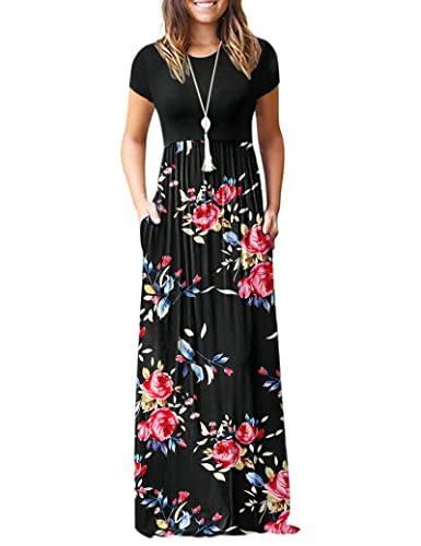 Image of MISFAY Women's Short Sleeve Maxi Dresses Long Casual Dresses with Pockets | Empire Elastic Waist, Crew Neck, Floor Length, Strentchy Flowy A Line Fit, Loose Plain Summer Outfits, Vacation Wear