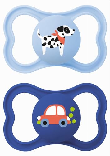 MAM Chupete con Escudo Ventilado, a Partir de 16 Meses, Tetina Simétrica, Plana, Extra Delgada y Flexible de Silicona de Fácil Aceptación, con Caja Autoesterilizadora, MAM Supreme, Azul Mate, 2uds