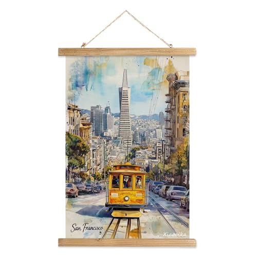 XIAOAIKA San Francisco Cable Car Wall Art Vintage Poster, Canvas Print with Rustic Wood Hanging Frame, Urban City Decor for Living Room or Office, 16"x23"