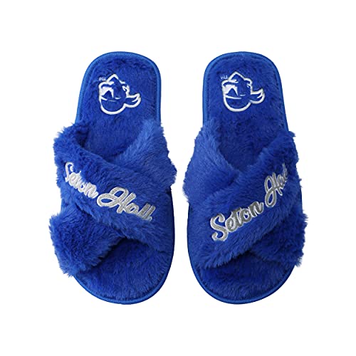 FOCO Women's NCAA College Team Logo Cross Band Soft Plush Furry Cozy Open Toe House Shoes Slippers, Seton Hall Pirates, X-Large 11-12