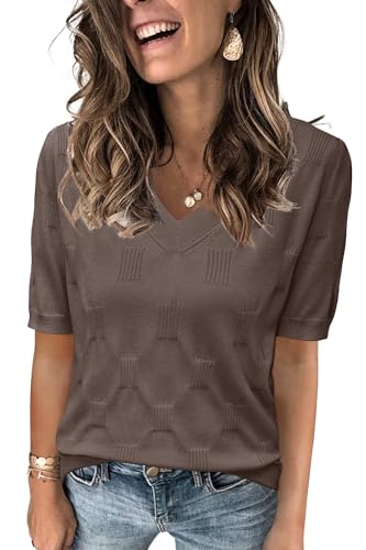 Image of Arach&Cloz Women's Lightweight Spring Summer Sweater Tops Casual Short Sleeve Blouses Shirts