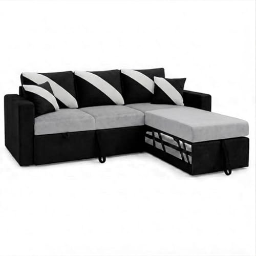 Image of FURNY Trivia 4 Seater RHS Lounger Sofa Cum Bed (Light Gray - Black) with Pull-Out Function | Luxury Velvet Suede Finish | Durable Comfort | Ideal for Living Room