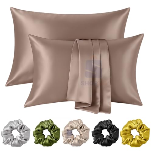 Image of Satin Pillow Covers for Hair and Skin Set of 2 with 5 Scrunchies I Satin Pillow case I Silk Pillow Cover I Silk Pillow case I Women Gift Items (Rose)