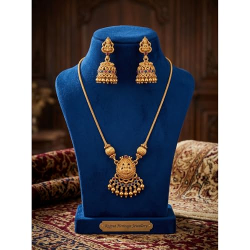 Image of Traditional Gold-Plated Lakshmi Temple Pendant Necklace Set for Women | Antique South Indian Jewelry with Jhumka Earrings | Ethnic Bridal, Wedding & Festive Jewelry Set