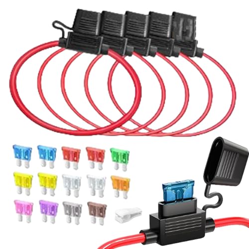 Sicherungshalter Kfz 16AWG 5 Stück, 12V Inline Auto Flachsicherungshalter Wasserdicht Kfz Sicherungshalter für Car, LKW, Motor, Mit 14pcs Standard Sicherungen