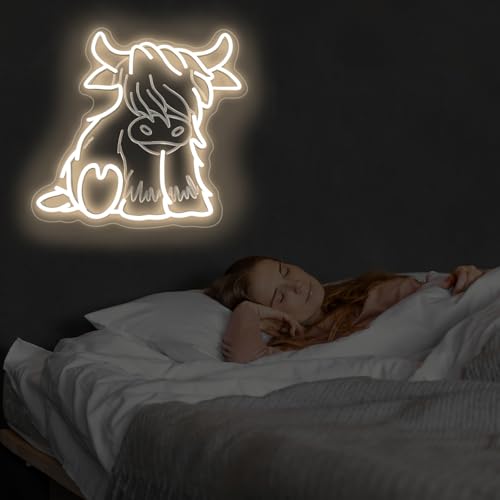 Image of Cute Highland Cow Sitting Neon Sign, Baby Cow Sign, Cute Kid Room Decor, Farmhouse Decor, Gift for Kids, 13 inchx13 inch