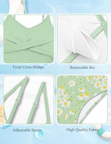 Image of Girls Swimsuit 2 Piece Bathing Suit Criss Cross Ruched Girl Tankini Sets Printed Girls' Swimwear for 9-18 Years