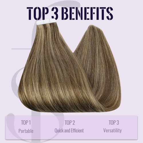 Fshine Real Human Hair Tape in Extensions,20 Inch 20 pcs 50 g,Seamless Tape in Hair Extensions Human Hair,Color 4P27 Medium Brown Highlight Honey Blonde,for Women - Image 4