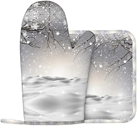 Snowflake Pine Tree Printed Oven Mitts and Pot Holders Sets Non-Slip Anti-Scalding Glove Mitt for Cooking Kitchen Mitt Potholders 2 Piece Set