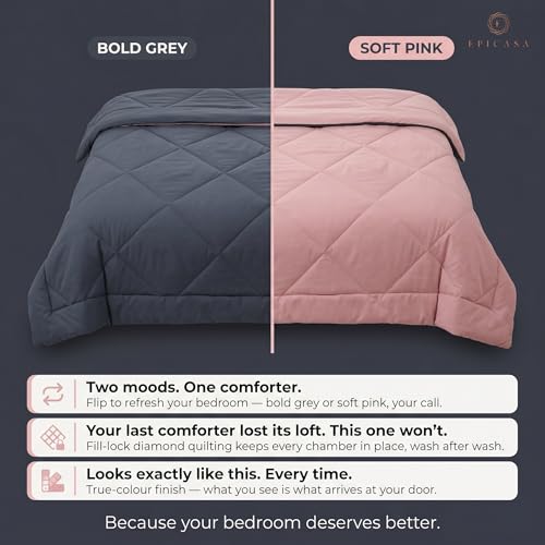 Image of Epicasa Reversible Comforter | 200 GSM Thermal Bonded Fill | 110 GSM Micro Peach Fabric | All Season AC Quilt | Diamond Quilted | Lightweight Duvet Blanket for Home Bedroom | Dark Grey & Blush Pink