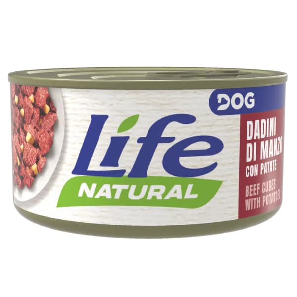 Life Dog Natural Cibo Umido per Cani, Dadini di Manzo con Patate, 6 Scatolette da 90 g