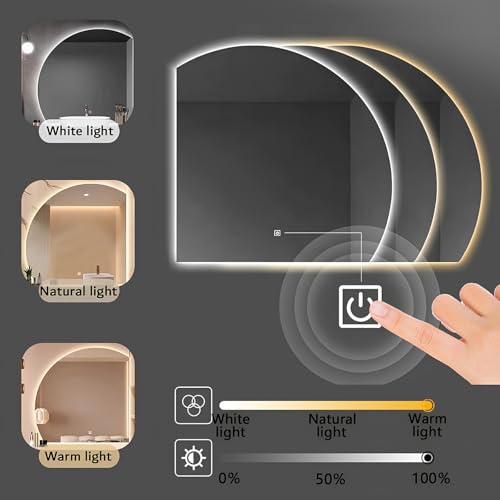 Image of Half Moon LED Wall Mirror, Modern Anti-Fog Bathroom Mirror with Lights, Frameless, 3 Colors Dimmable Makeup Vanity Mirrors with Touch(Right Cut,80cm /31.5in)