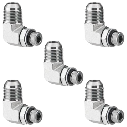 Image of 5 Pack 90 Degree Elbow Hydraulic Adapter Fittings: 3 /4 inch JIC 37 Male x #8 SAE /ORB Male, Hydraulic Hose End Connectors with Protection Cover - 6801-12-08