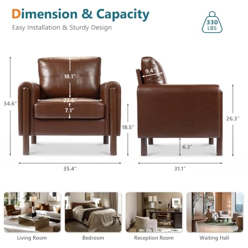Image of STHOUYN 35 inch Brown Leather Oversized Accent Chair Set of 2 with Wood Armrests, Mid-Century Modern Tufted Living Room Chair, Comfy Reading Sofa Chair Lumbar Support & Thick Cushion Waiting Room Office