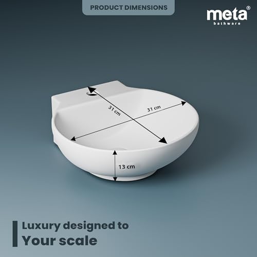 Image of Meta Bathware Premium Round Wash Basin | Wall Mount And Table Top Ceramic Sink for Bathroom | Sleek Glossy Finish | Space-Saving Elegant Vanity Vessel Basin (12x12x5 Inch)