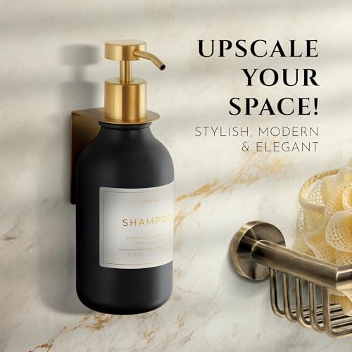 Shower Shampoo Dispenser Wall Mounted – Refillable 16.9 oz Black Bottle with Stainless Steel Pump & No-Drill Adhesive Holder – Soap Dispenser for Bathroom (1 X Black/Gold) - image 2