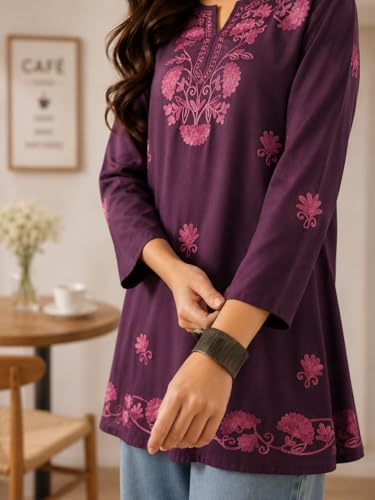 Image of QAZMI Women's Zayesha Aari Embroidered Viscose Rayon A-Line Flared Short Kurti