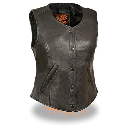 Ladies Plain Side Snap Front Leather Motorcycle Vest w/Dual Inside Concealed Weapon Gun Pockets (XXX-Large)