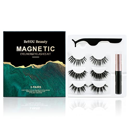 BeYOU Beauty 2020 Updated Magnetic Eyelashes, Magnetic Eyelashes Kit Magnetic Eyeliner 3D and 5D different Lengths&Densities Magnetic Eyelashes Magnetic Lashliner For Use with Magnetic False Lashes with Tweezers Natural Look-No Glue Needed (3 Pairs)
