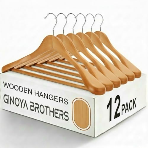 Image of ginoya Brothers Wide Shoulder Wooden Hangers, Suit Hangers with Non Slip Pants Bar, Smooth Finish 360 Swivel Hook Solid Wood Coat Hangers for Dress, Jacket, Heavy Clothes Hanger. (12 Count)