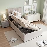 Plcnn Cama Infantil 90x200 cm, Cama Individual Tapizada con Almacenaje, Camas Juveniles con Somier de Láminas, Camas Individuales, Almacenamiento Hidráulico, de Lino, Sin Colchón (Beige, 90x200 cm)